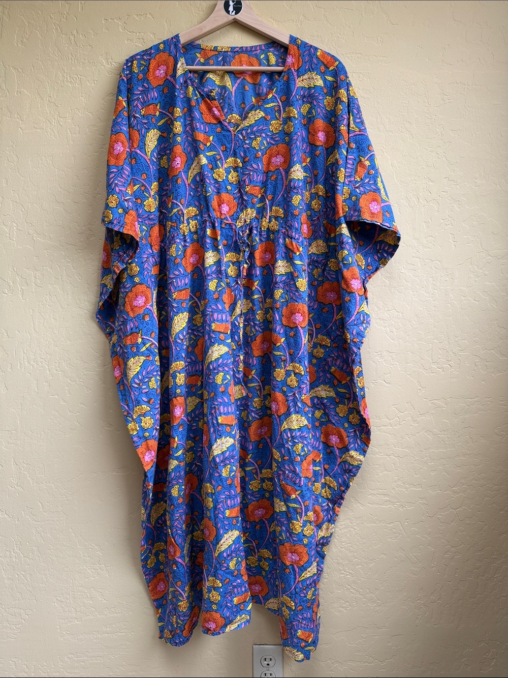 Bright Blue Floral Caftan with Orange & Yellow Print
